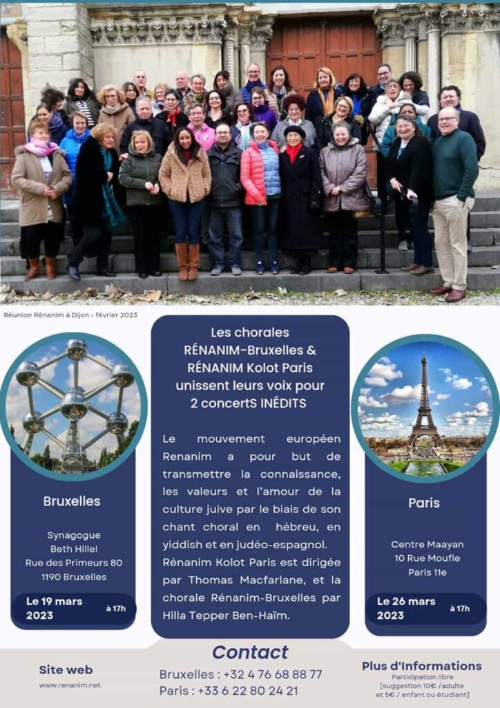 photo des chorales Renanim Bruxelles et  Renanim Kolot et annonce d'un concert à Paris et à Bruxelles